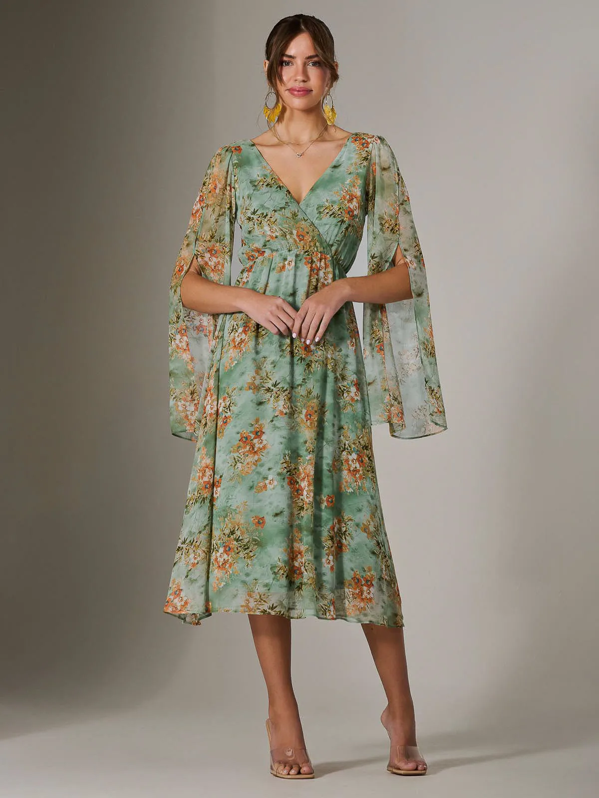 Chiffon Split Sleeve Midaxi Dress, Green Floral