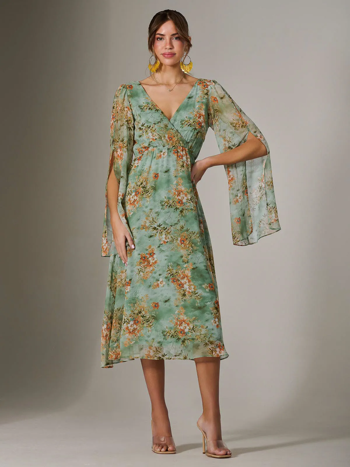 Chiffon Split Sleeve Midaxi Dress, Green Floral