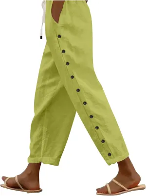 Cotton Linen Capri Pants for Women Boho Clothes Casual Summer Baggy Elastic Waisted Trousers Wide Leg Cropped Pants