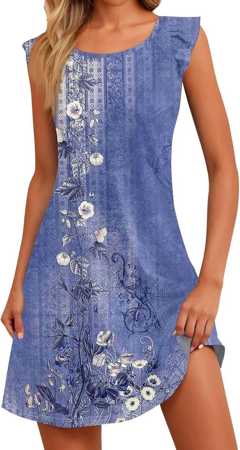 Cute Dresses for Women Spring Summer Floral Printed Crew Neck Ruffled Sleeves Midi Beach Sundress Loose Daily Dress