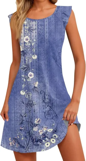 Cute Dresses for Women Spring Summer Floral Printed Crew Neck Ruffled Sleeves Midi Beach Sundress Loose Daily Dress