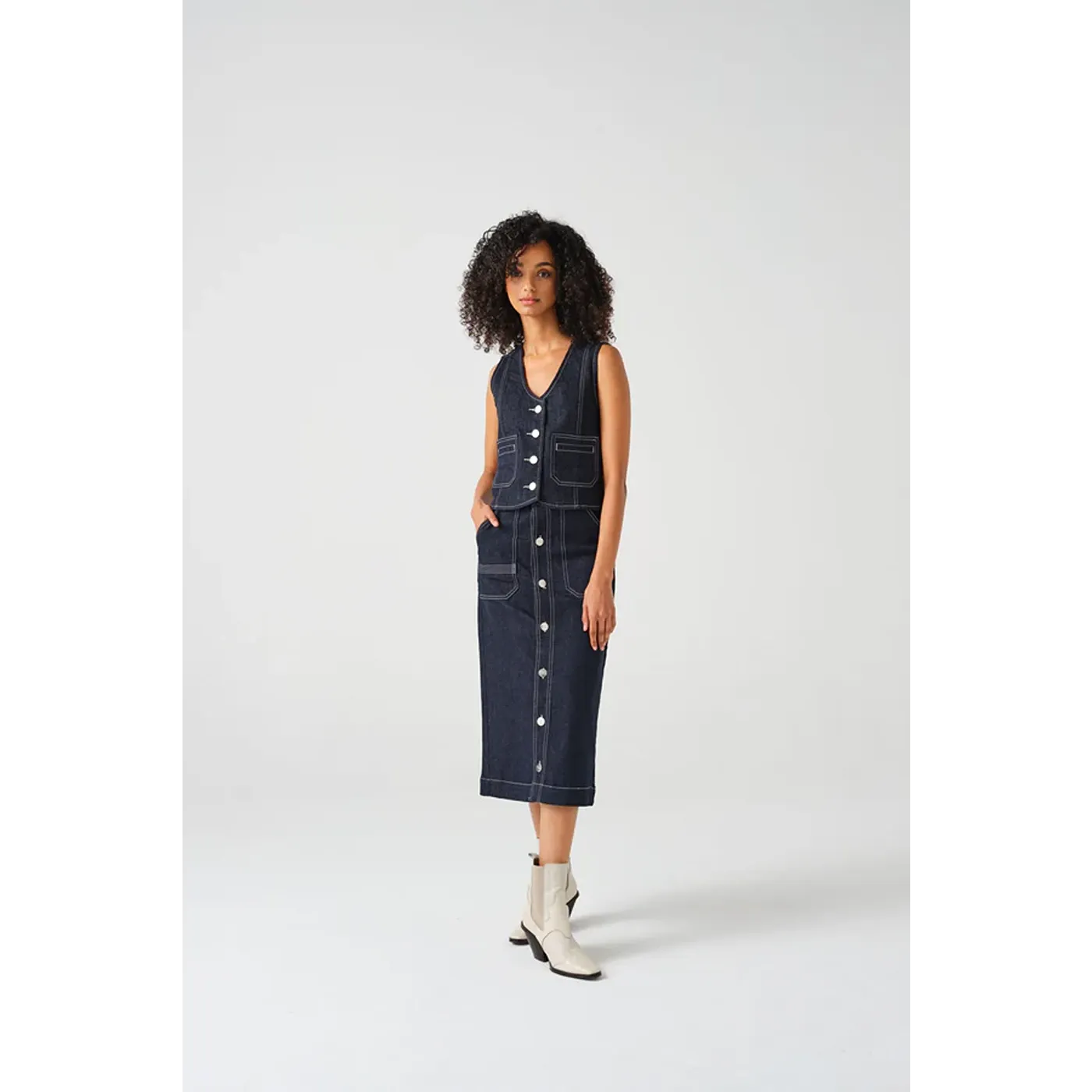 Dark Blue Front Button Denim Skirt