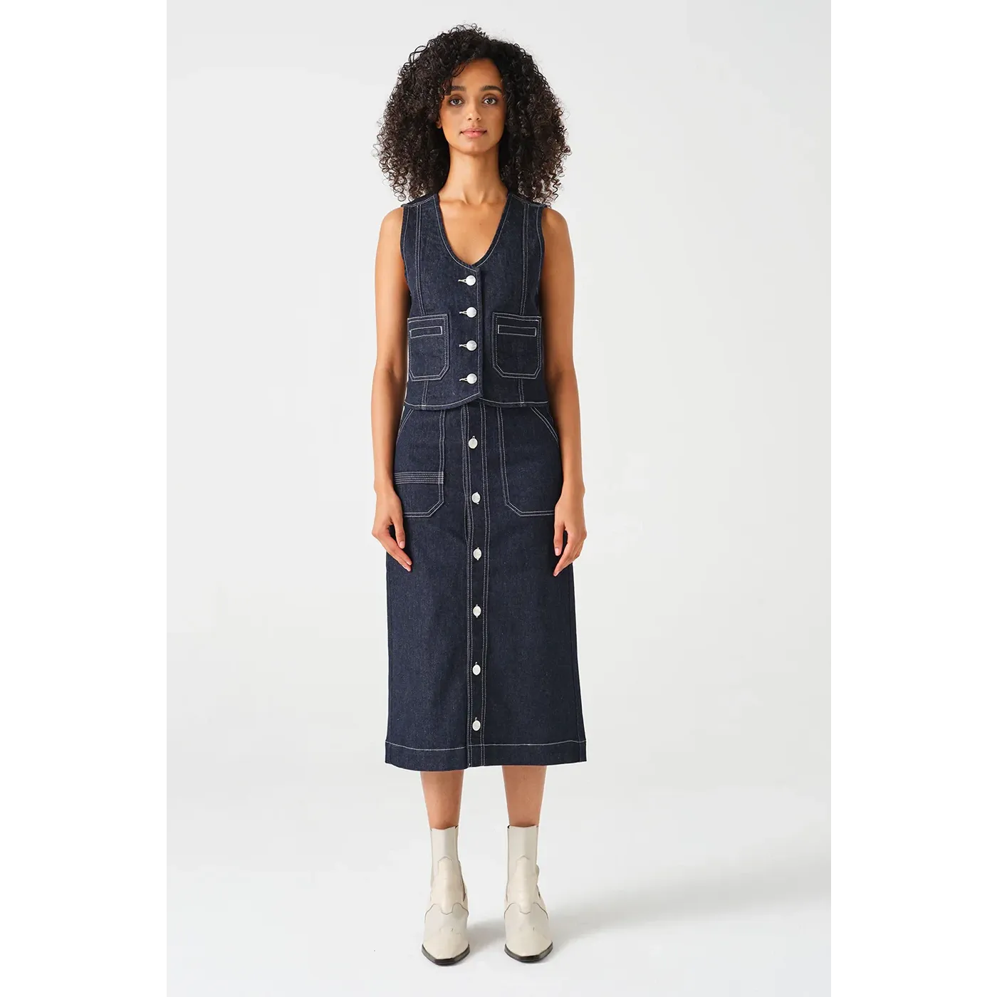 Dark Blue Front Button Denim Skirt