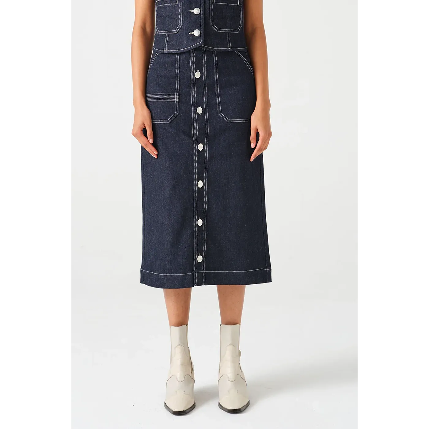 Dark Blue Front Button Denim Skirt