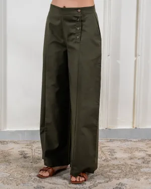 Dark Olive Pleated Cotton Pants