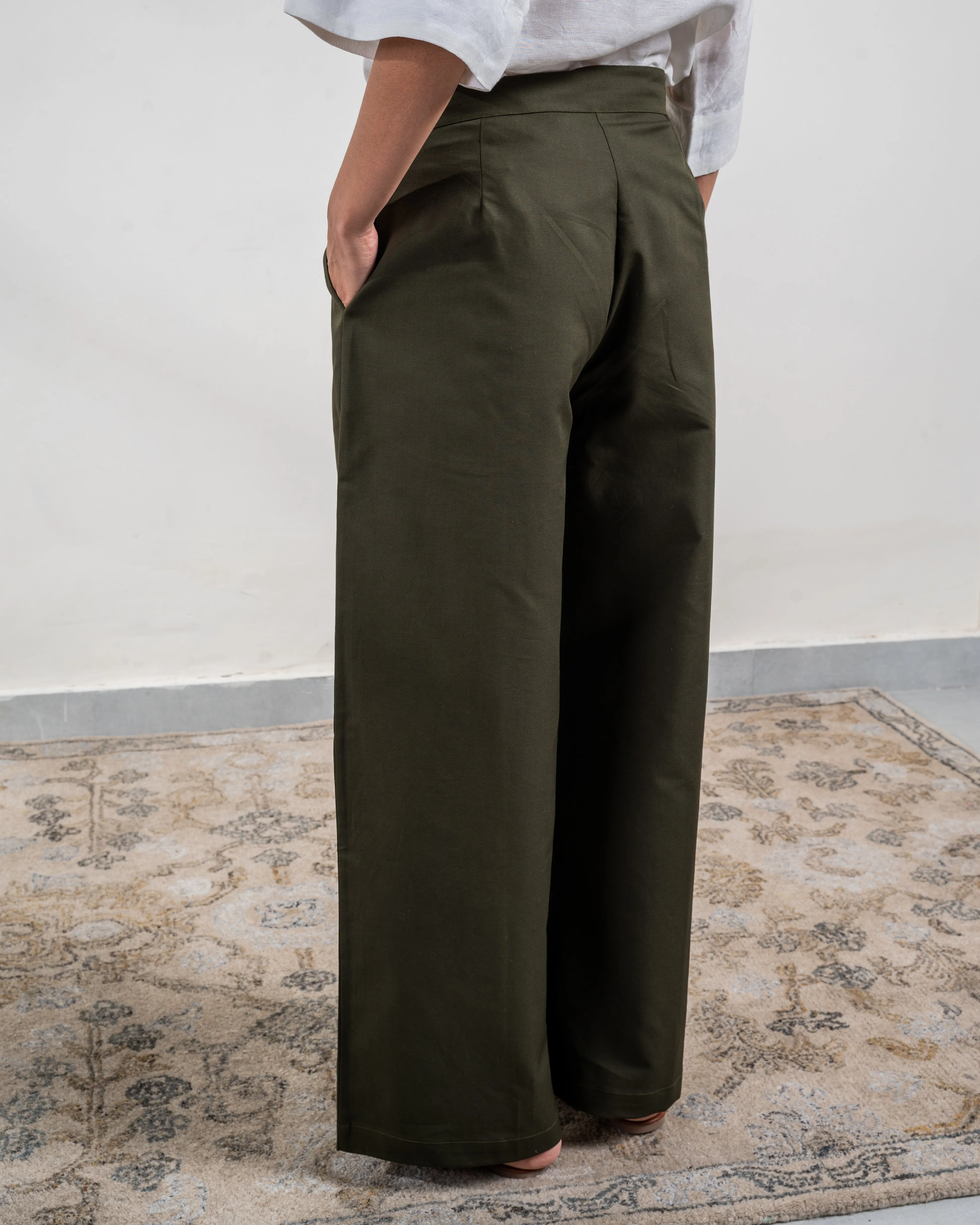 Dark Olive Pleated Cotton Pants