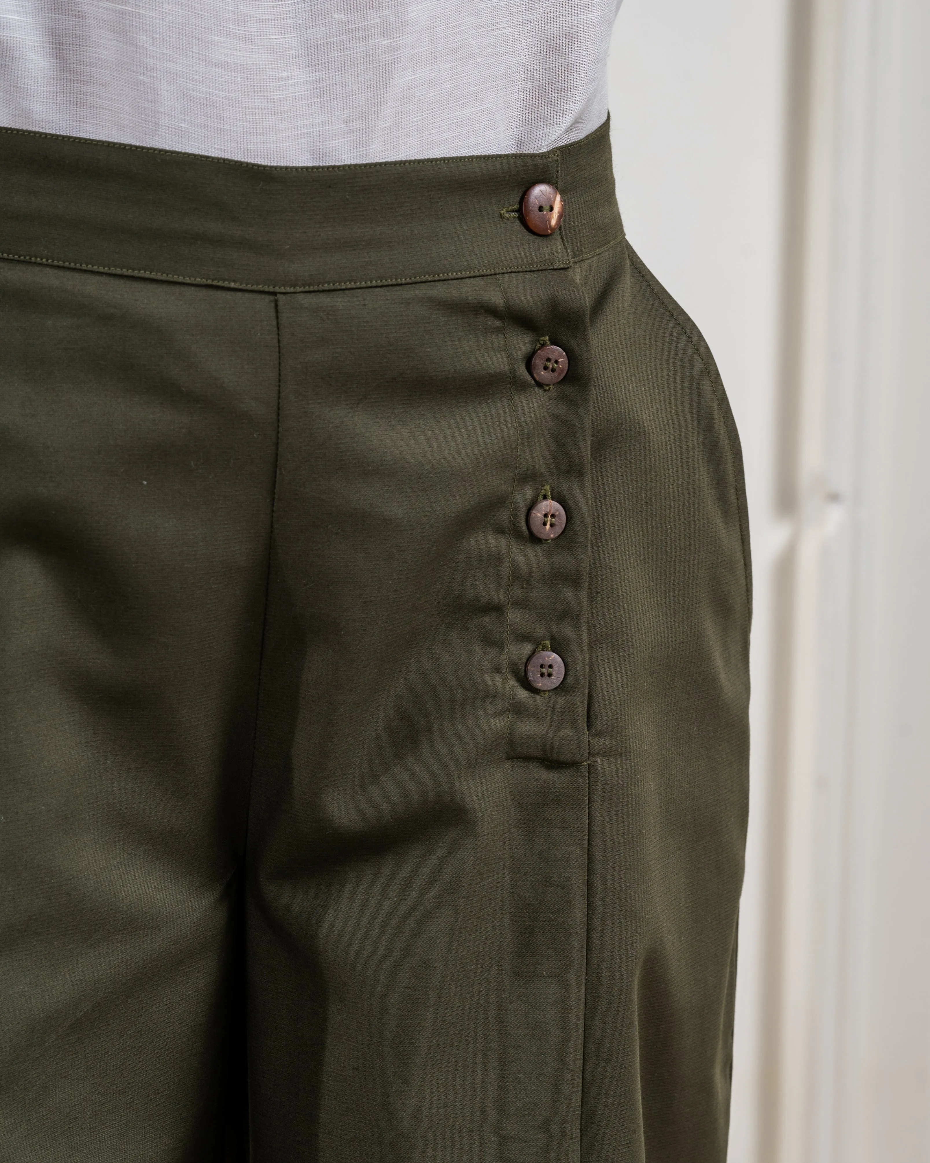 Dark Olive Pleated Cotton Pants