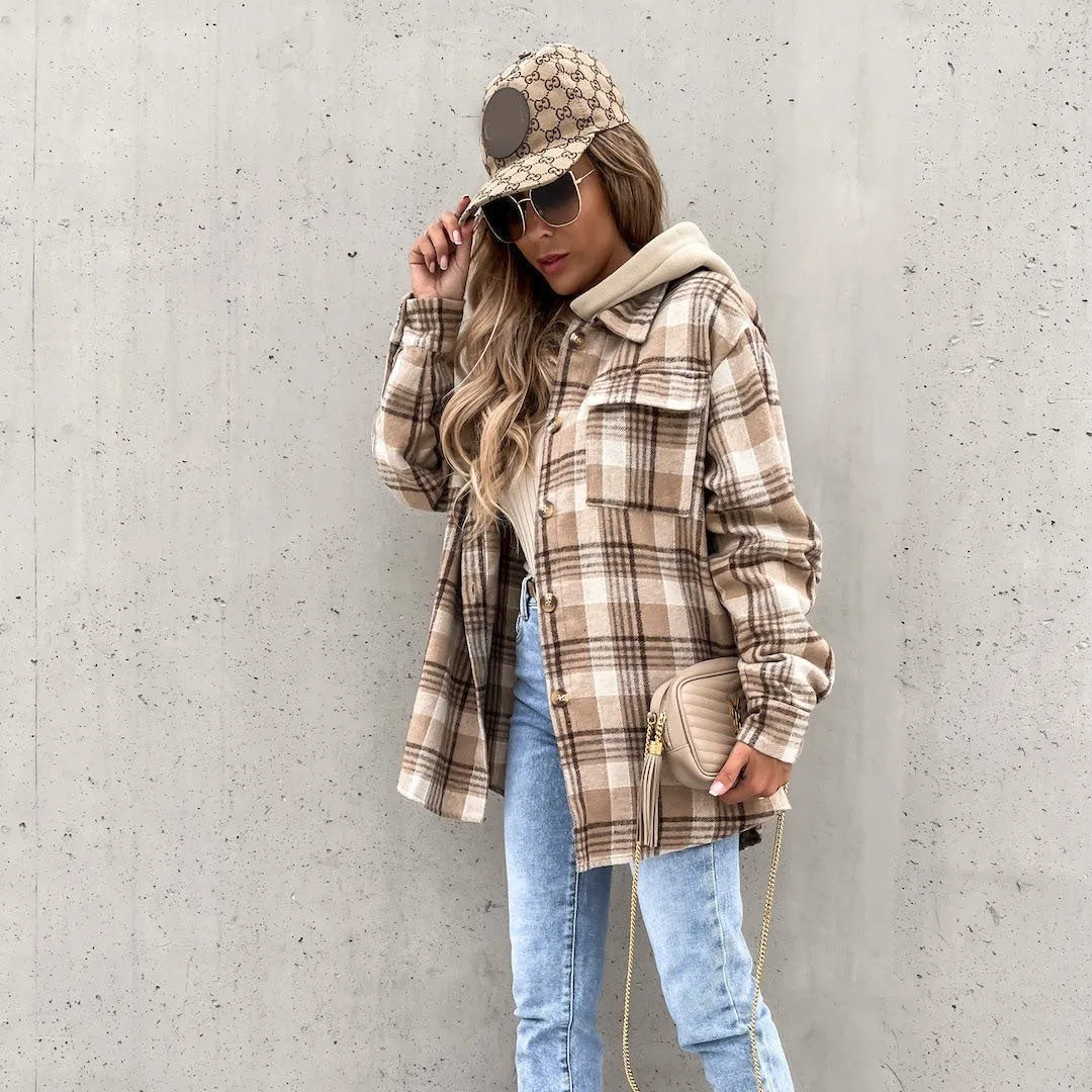 Fashion Plaid Hooded Woolen Jacket