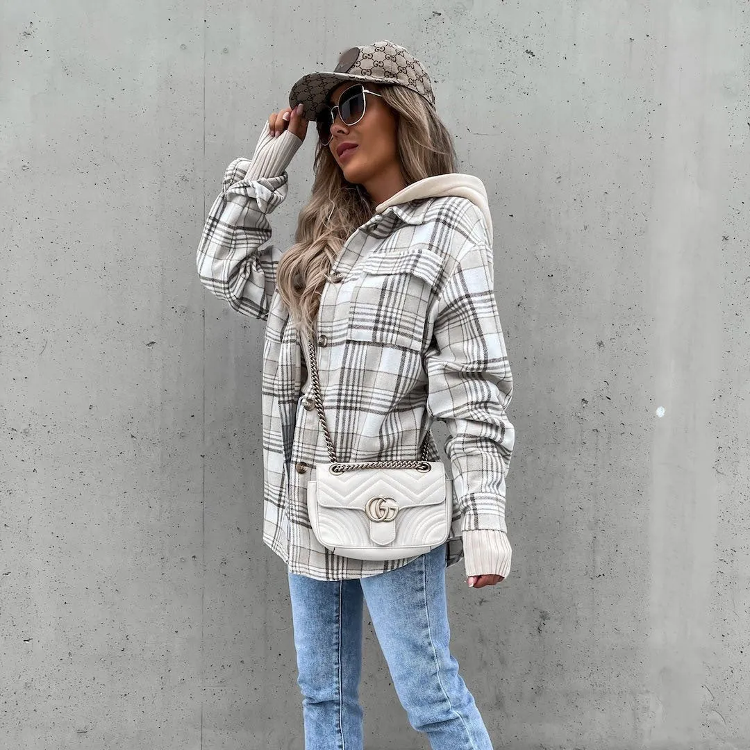 Fashion Plaid Hooded Woolen Jacket