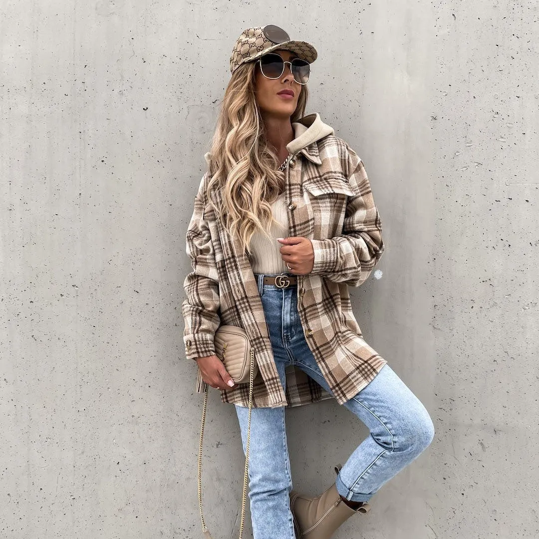 Fashion Plaid Hooded Woolen Jacket