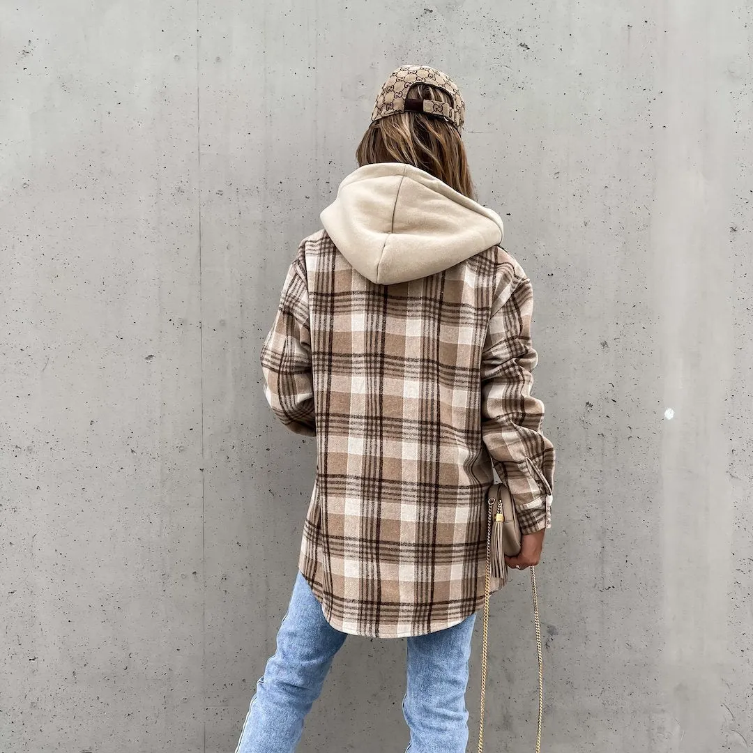 Fashion Plaid Hooded Woolen Jacket