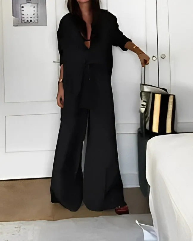 Fashion Solid Color Comfortable Shirt & Pants Two-piece Set