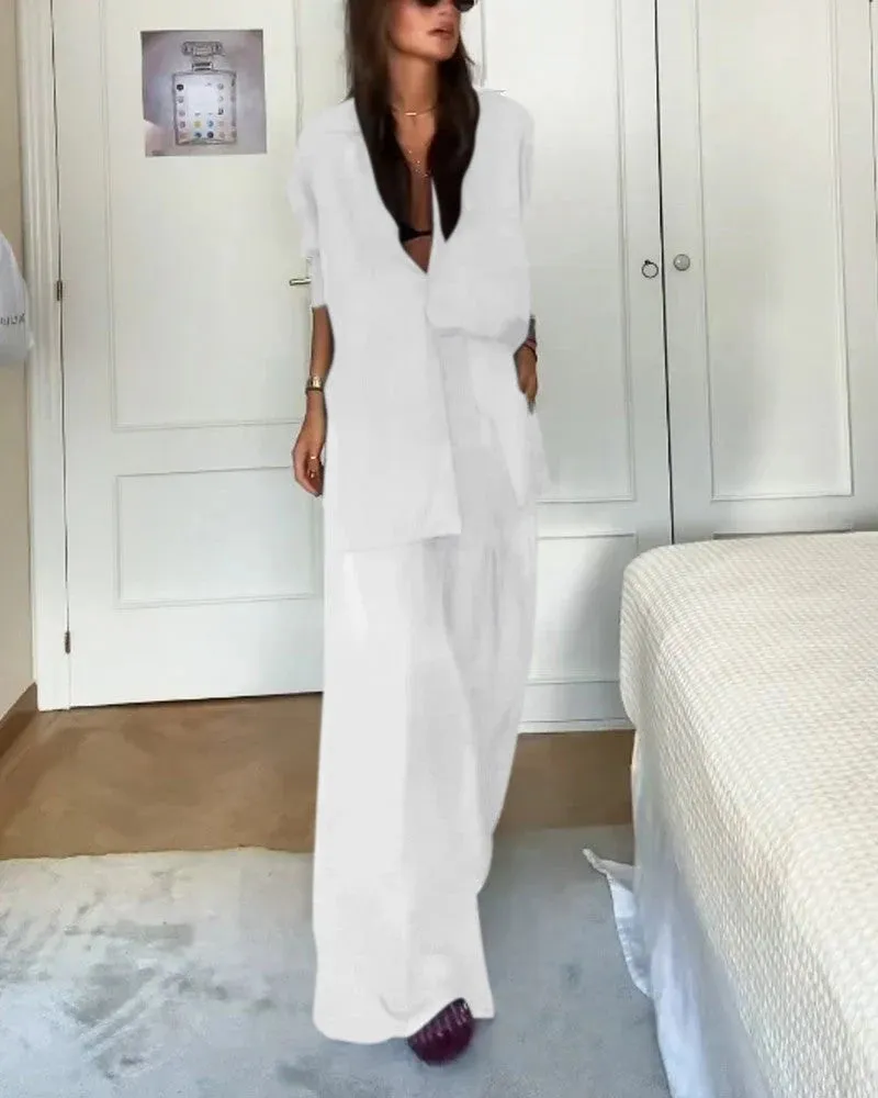 Fashion Solid Color Comfortable Shirt & Pants Two-piece Set