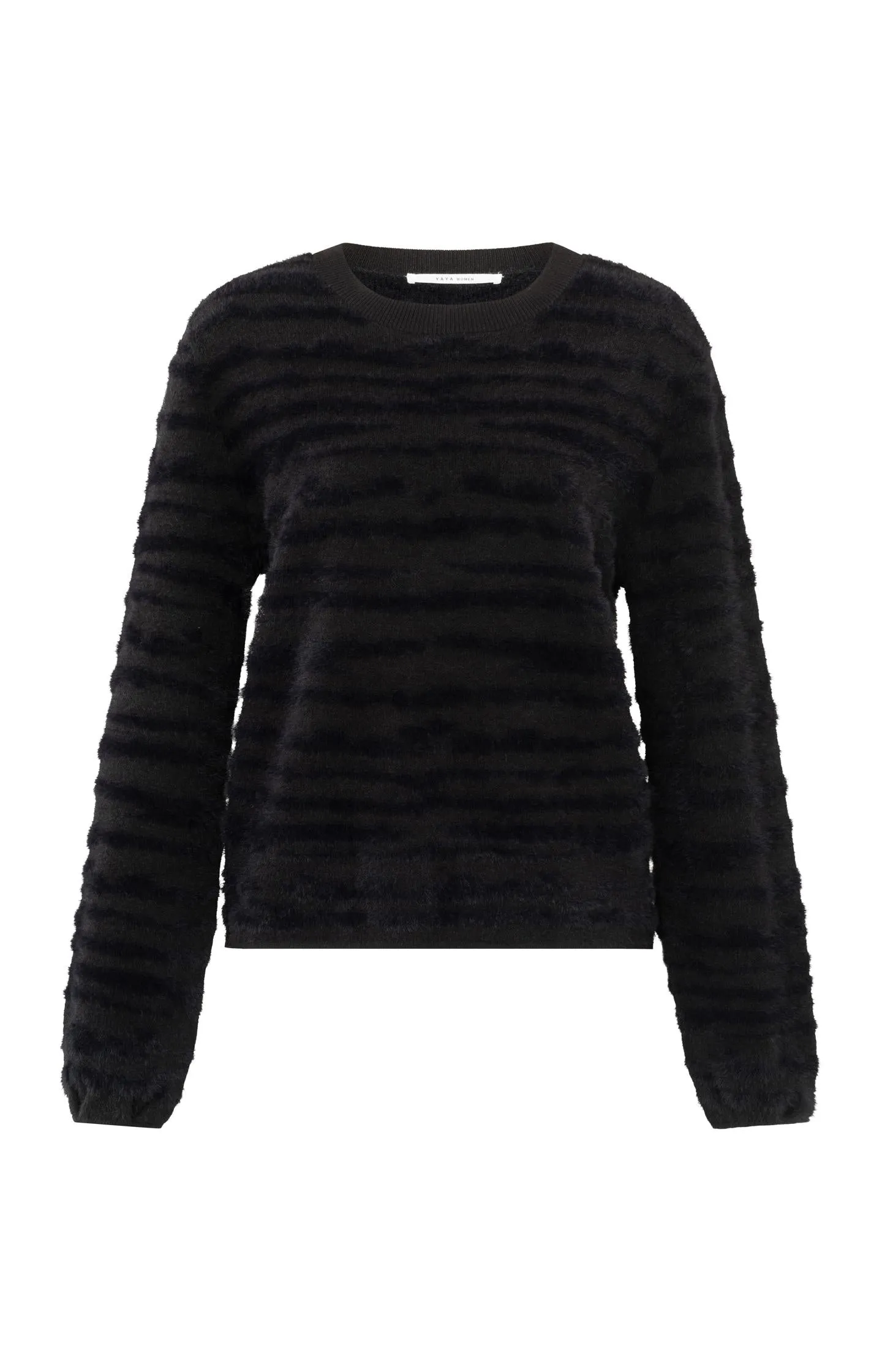 Fluffy sweater with round neckline and subtle stripes