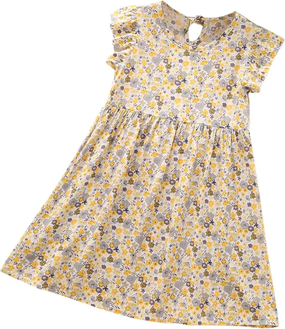Girls Casual Dress Summer Floral Printed Ruffle Sleeve A Line Party Dress Round Neck Boho Dresses Size 3-14 Years
