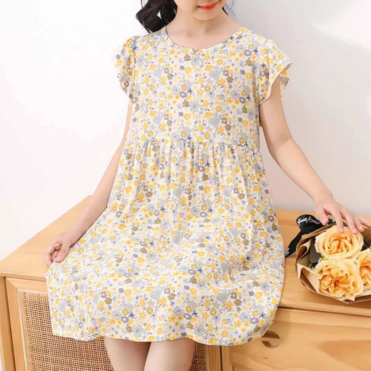 Girls Casual Dress Summer Floral Printed Ruffle Sleeve A Line Party Dress Round Neck Boho Dresses Size 3-14 Years
