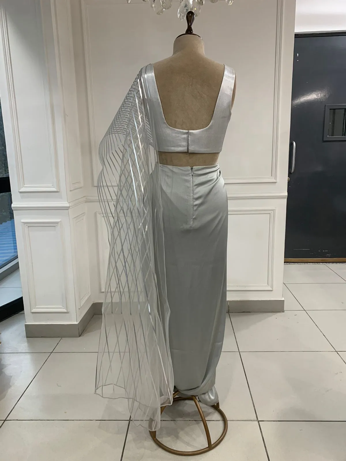Gray Structured Pallu Sari Set