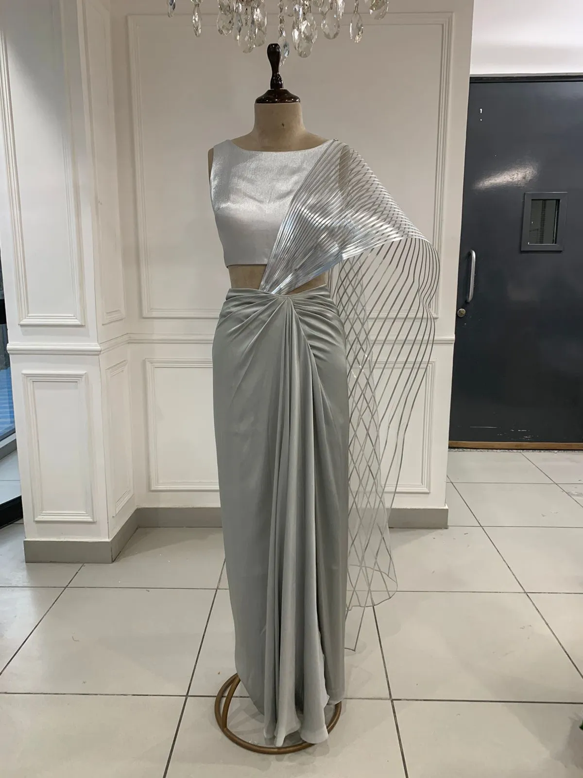 Gray Structured Pallu Sari Set