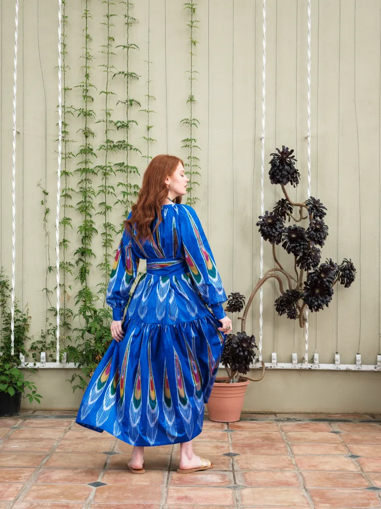 Hand-Woven Silk Ikat Drop Waist Dress - Pauline - 'Peacock'