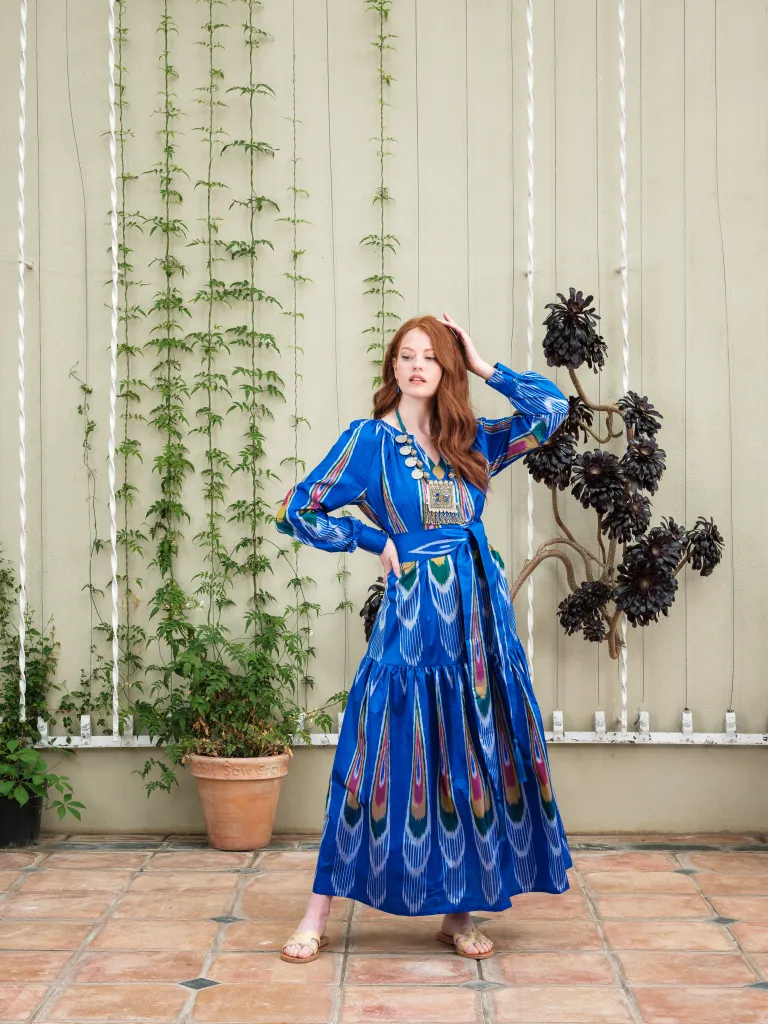 Hand-Woven Silk Ikat Drop Waist Dress - Pauline - 'Peacock'