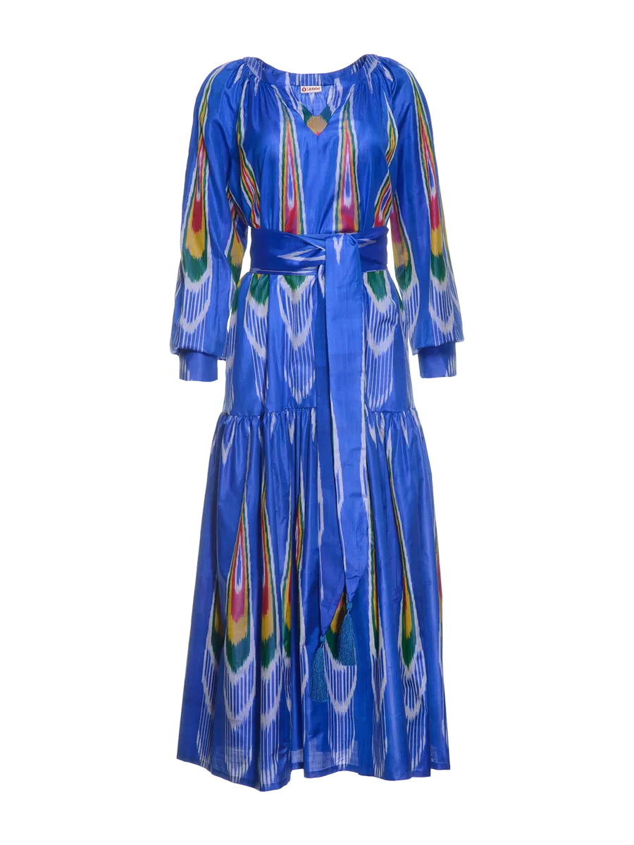 Hand-Woven Silk Ikat Drop Waist Dress - Pauline - 'Peacock'