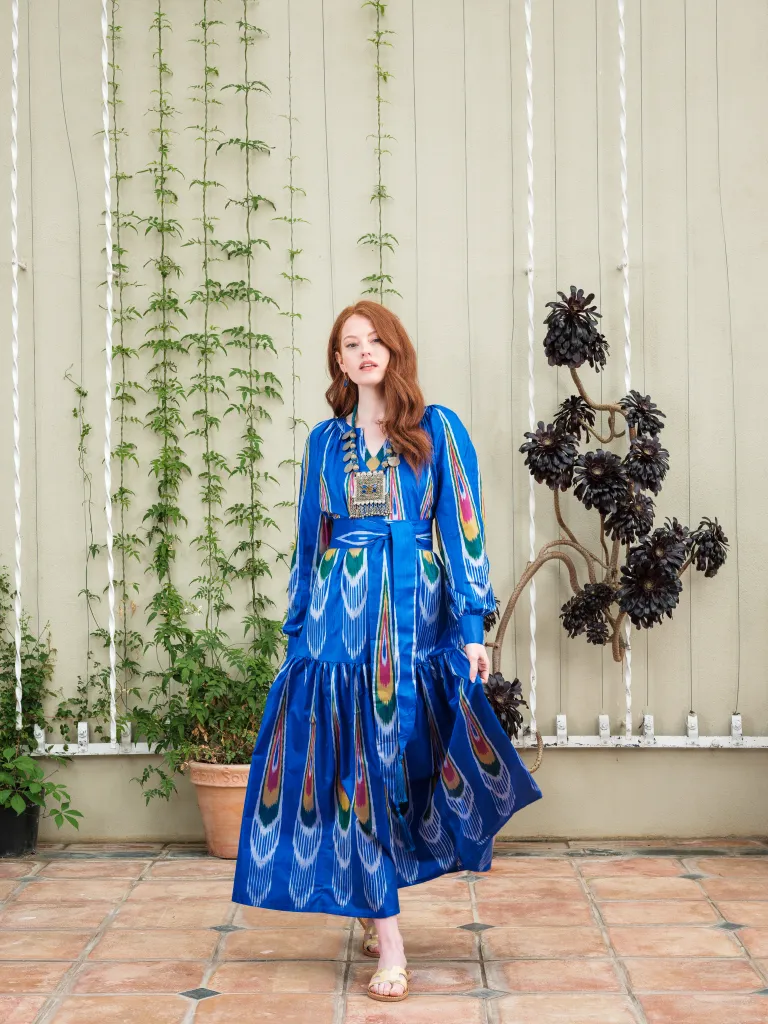 Hand-Woven Silk Ikat Drop Waist Dress - Pauline - 'Peacock'