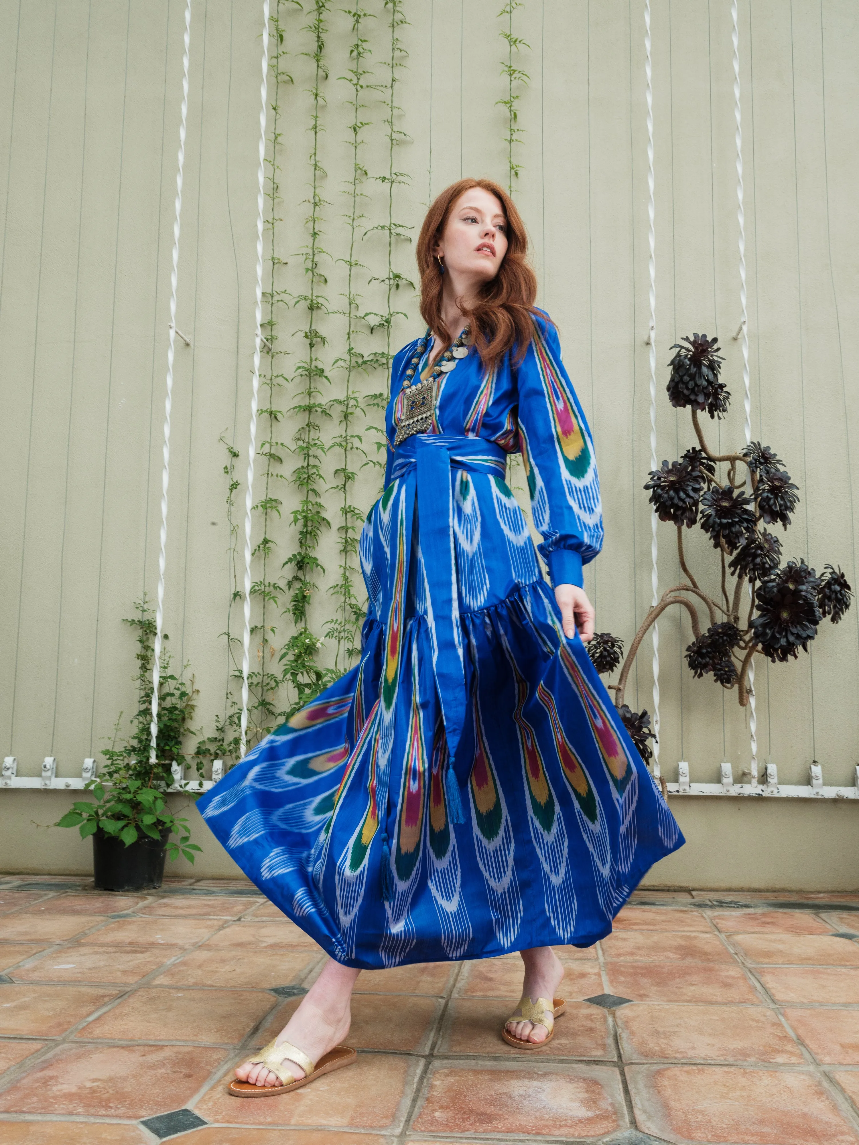 Hand-Woven Silk Ikat Drop Waist Dress - Pauline - 'Peacock'