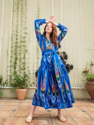Hand-Woven Silk Ikat Drop Waist Dress - Pauline - 'Peacock'