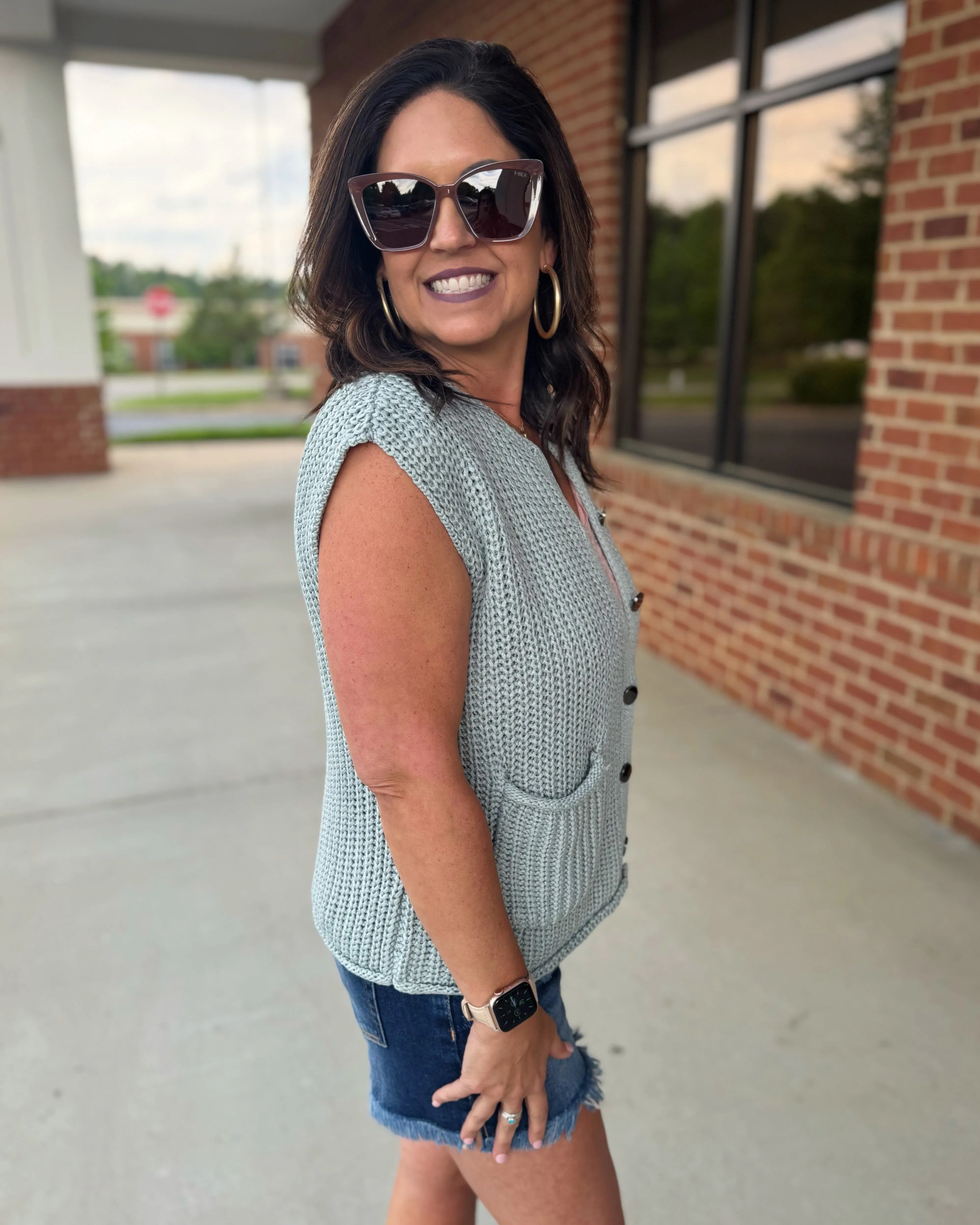 Heidi Button Up Sweater Vest in Green/Mint