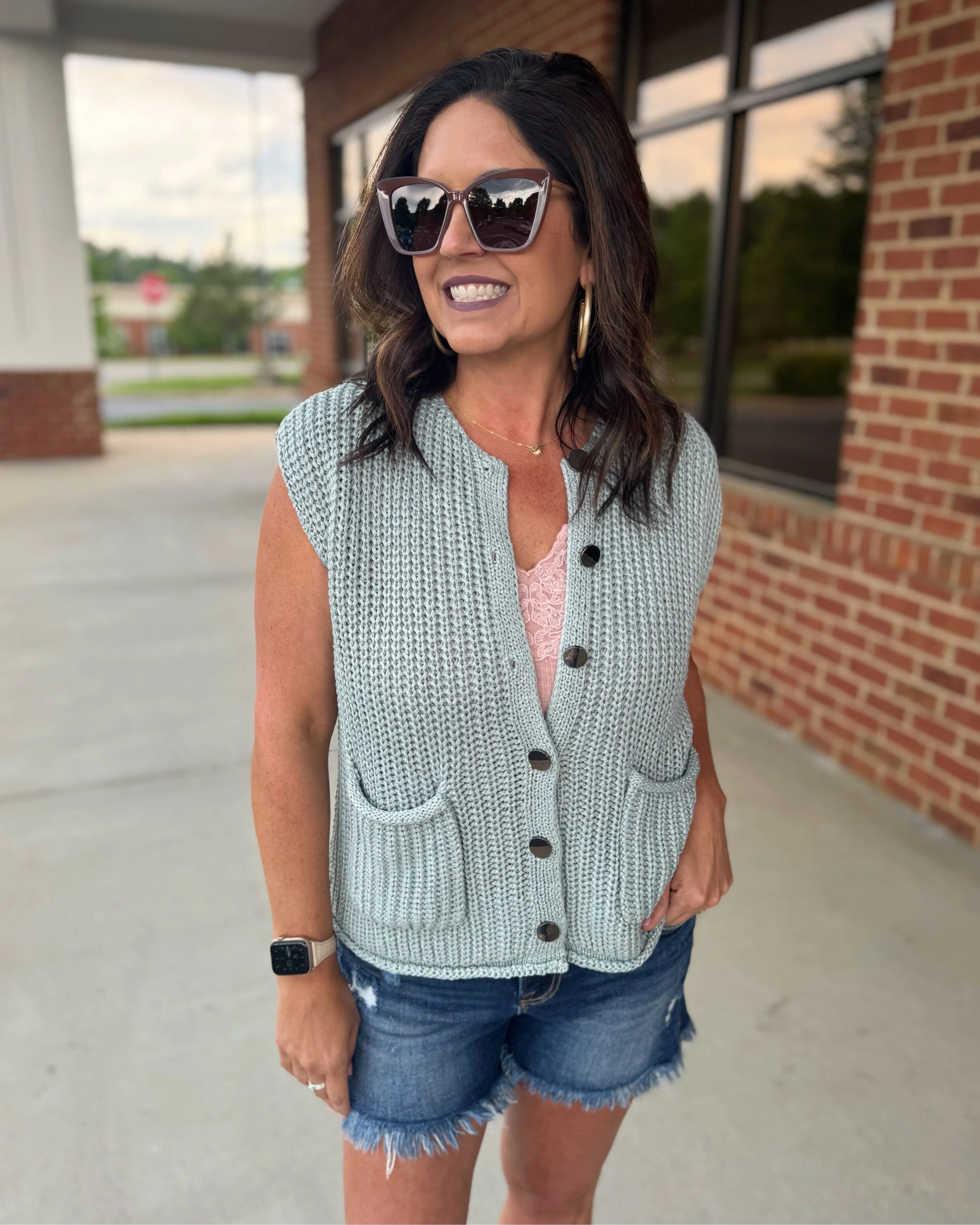 Heidi Button Up Sweater Vest in Green/Mint