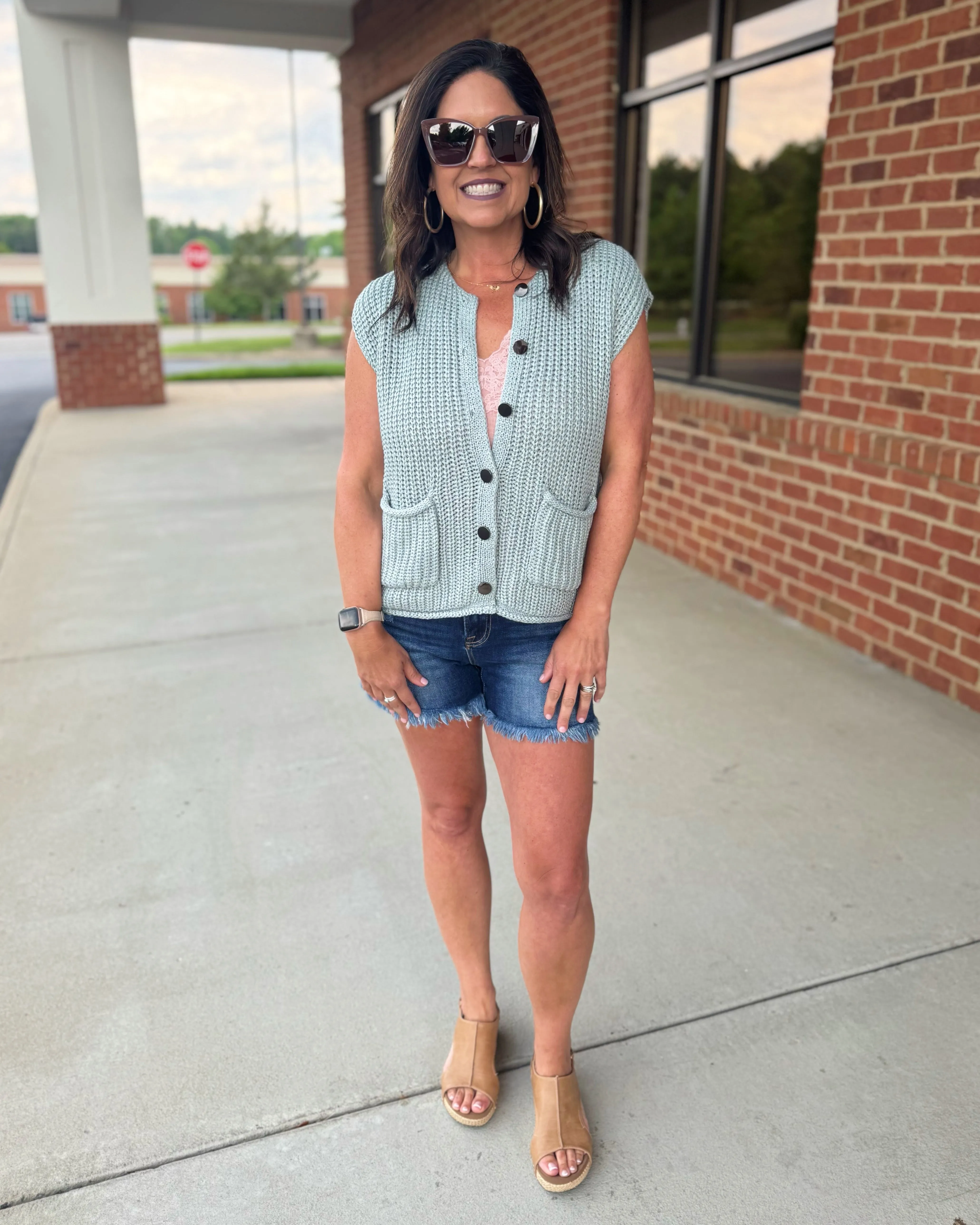 Heidi Button Up Sweater Vest in Green/Mint