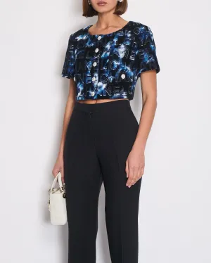 *hot*trendy Inspired  Chanel 21c Short Sleeve Jacket In Blue Logo Velvet With White Enamel & Crystal Cc Button Detail Size Fr 42 (uk 14)