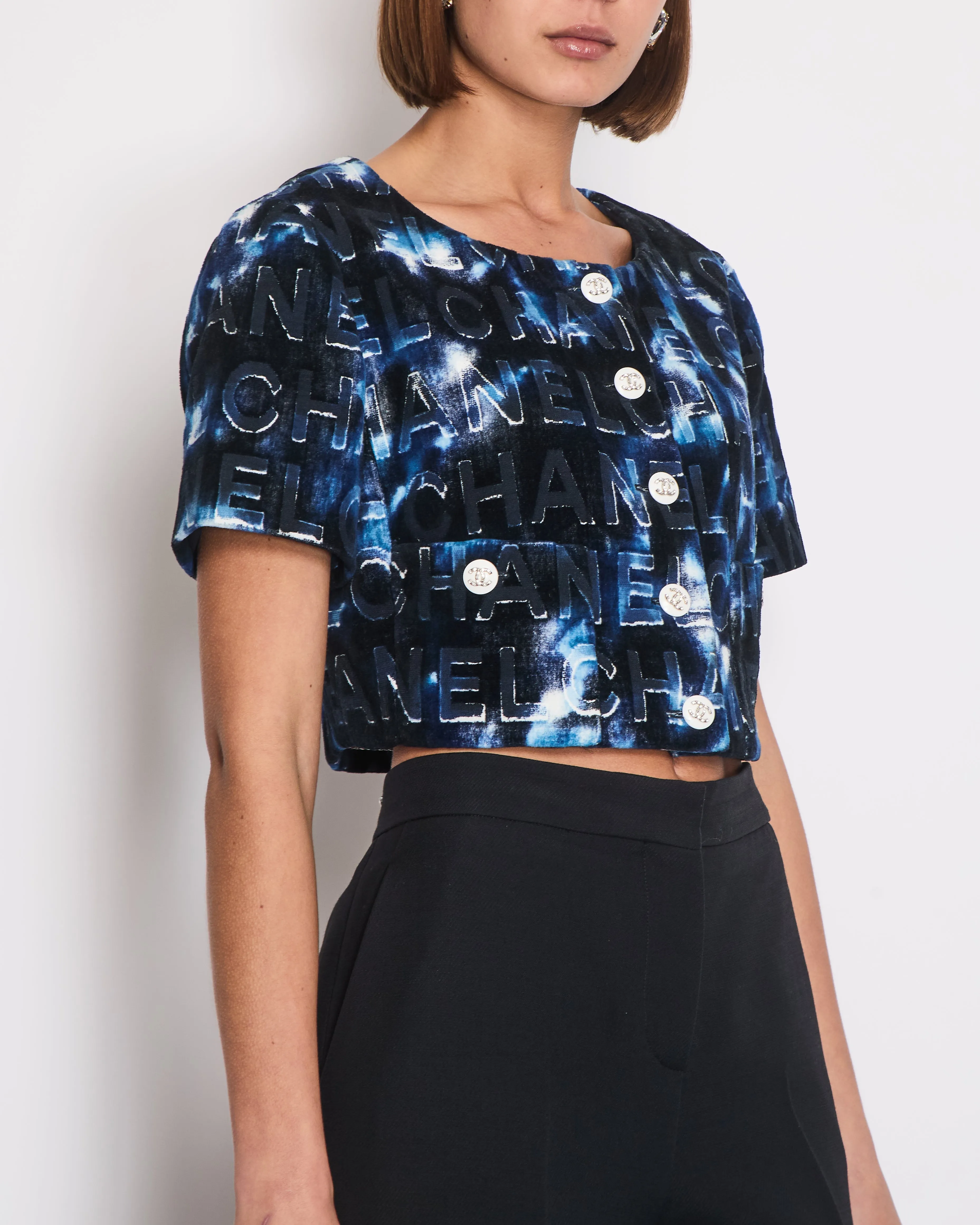 *hot*trendy Inspired  Chanel 21c Short Sleeve Jacket In Blue Logo Velvet With White Enamel & Crystal Cc Button Detail Size Fr 42 (uk 14)
