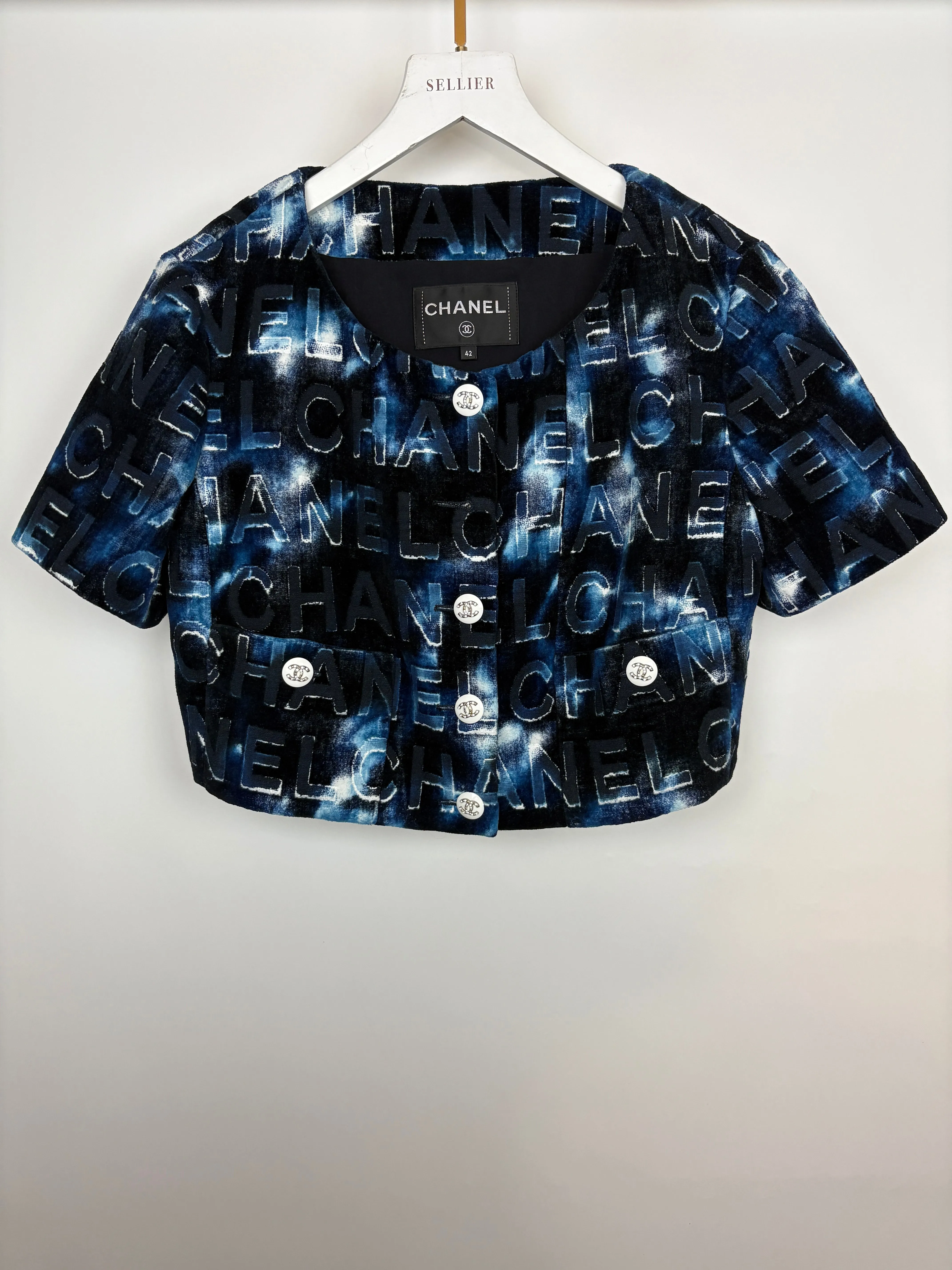 *hot*trendy Inspired  Chanel 21c Short Sleeve Jacket In Blue Logo Velvet With White Enamel & Crystal Cc Button Detail Size Fr 42 (uk 14)