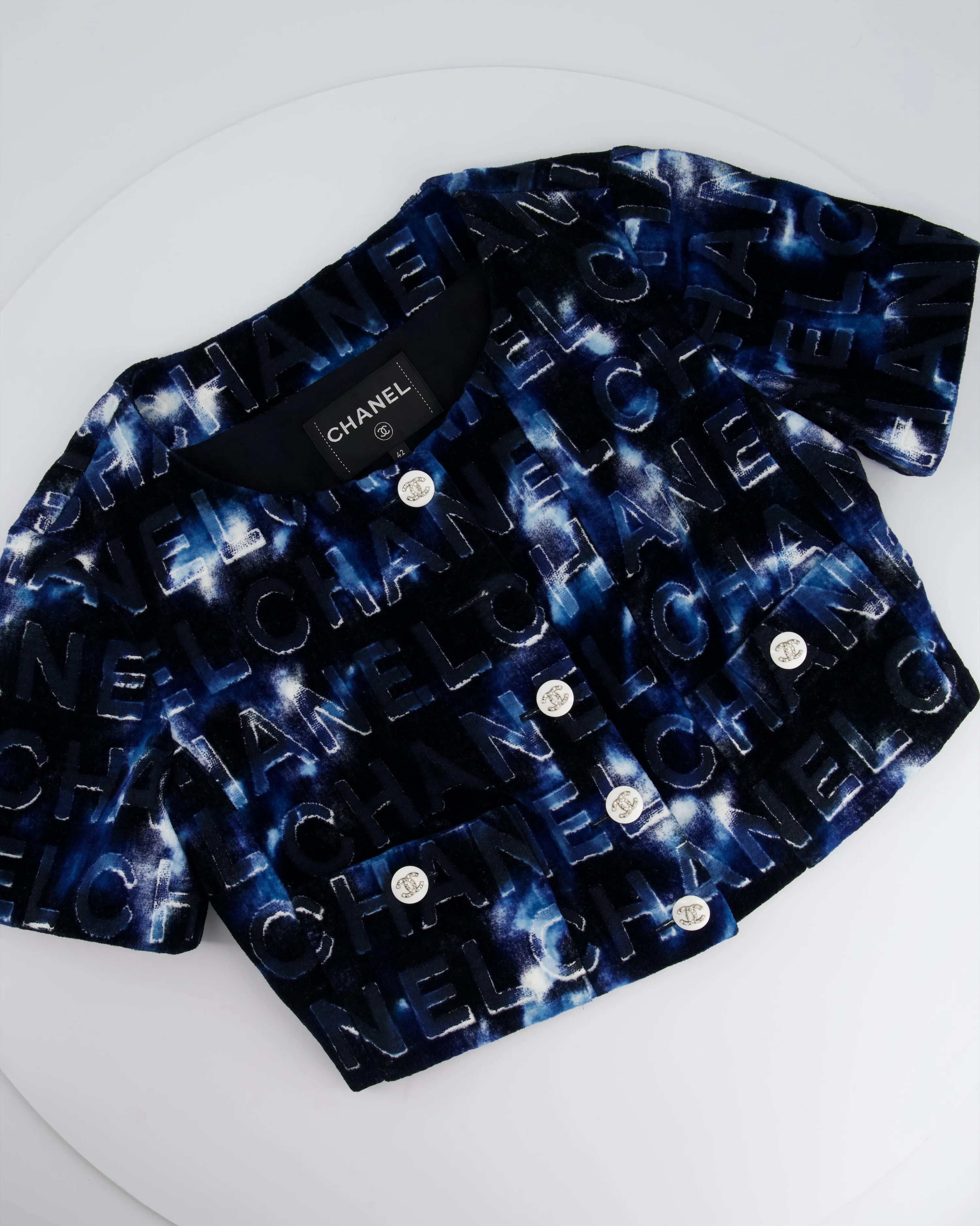 *hot*trendy Inspired  Chanel 21c Short Sleeve Jacket In Blue Logo Velvet With White Enamel & Crystal Cc Button Detail Size Fr 42 (uk 14)