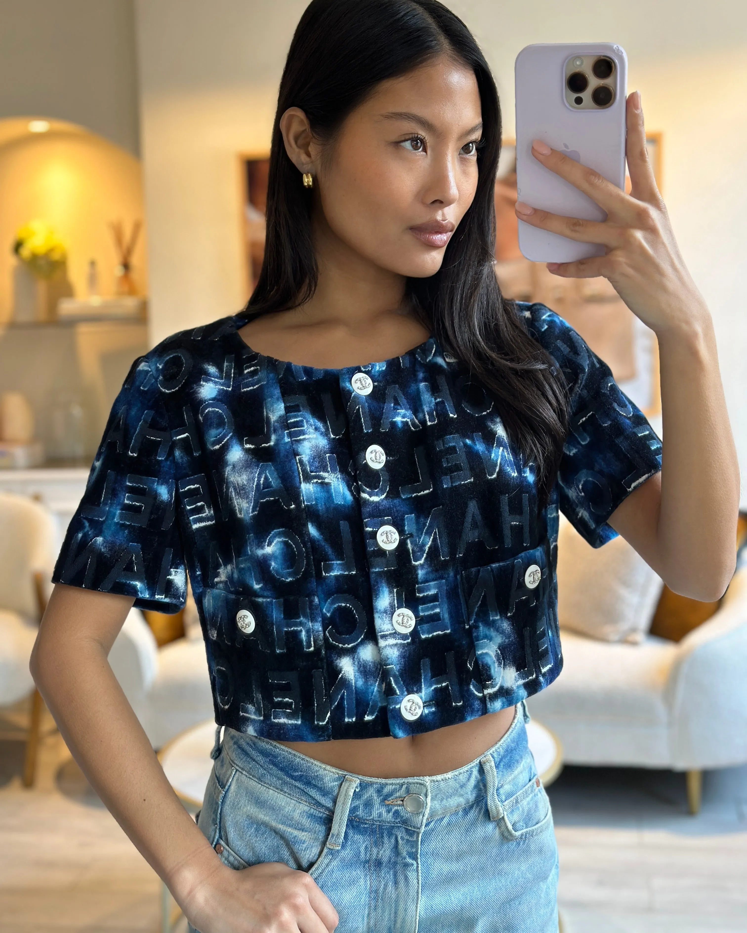*hot*trendy Inspired  Chanel 21c Short Sleeve Jacket In Blue Logo Velvet With White Enamel & Crystal Cc Button Detail Size Fr 42 (uk 14)