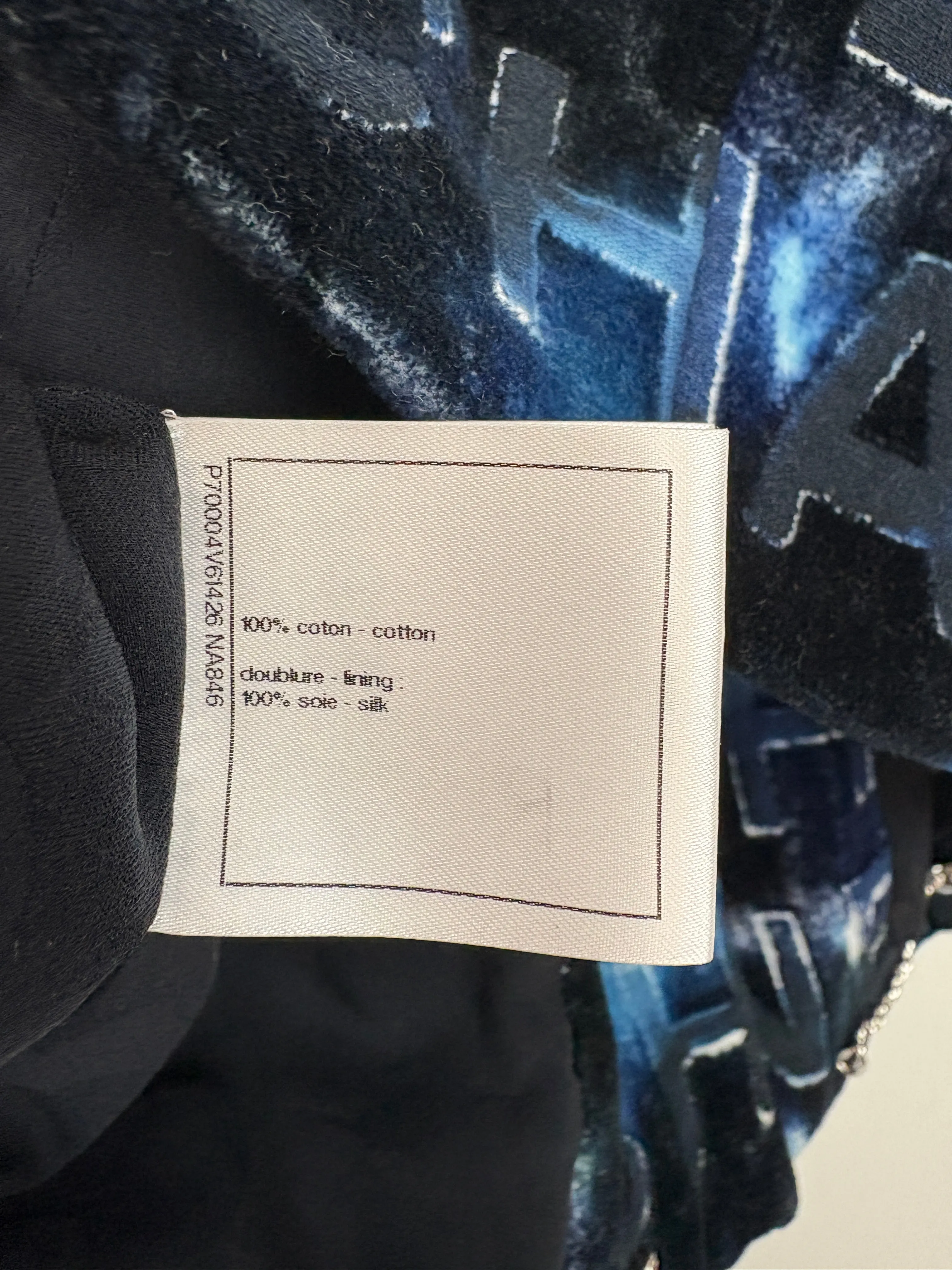 *hot*trendy Inspired  Chanel 21c Short Sleeve Jacket In Blue Logo Velvet With White Enamel & Crystal Cc Button Detail Size Fr 42 (uk 14)