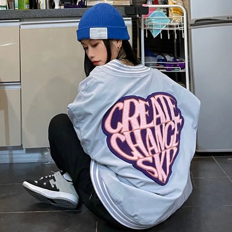 Joskaa Christmas Gift Women Hip-hop Style Love Printing Jackets Female Couple Autumn High Street Trendy Niche Fashion Oversized Baseball Uniform Coats