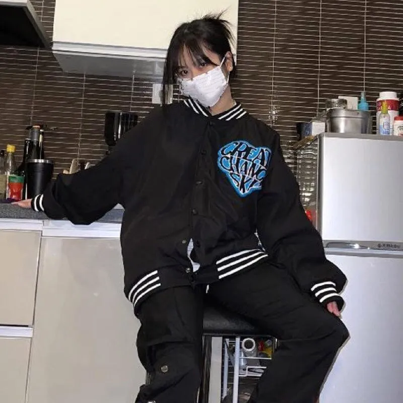 Joskaa Christmas Gift Women Hip-hop Style Love Printing Jackets Female Couple Autumn High Street Trendy Niche Fashion Oversized Baseball Uniform Coats