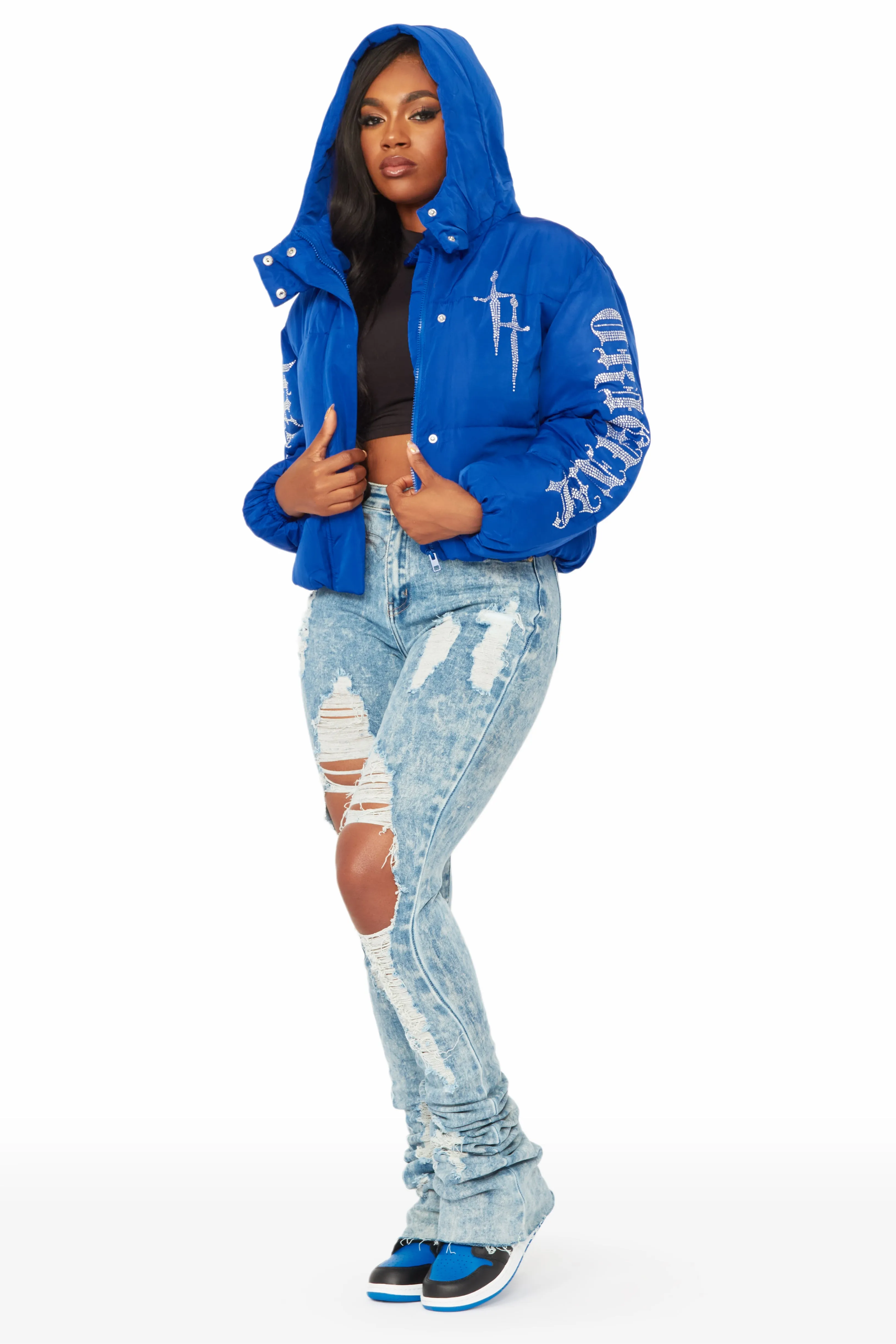 Kalisha Royal Blue Rhinestone Puffer Jacket