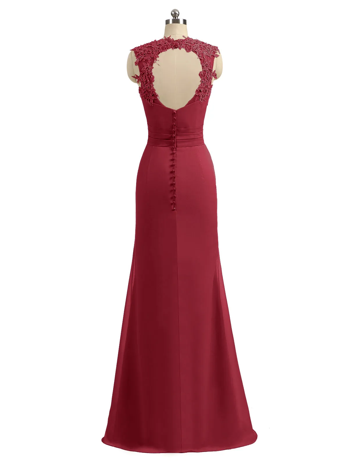 Lace Appliqued Strap Sheath Open Back Dress Burgundy Plus Size