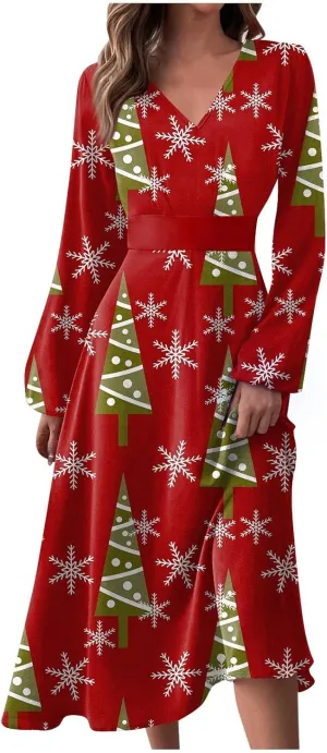 Ladies Long Sleeve Daily Dresses Dressy V-Neck Casual Midi Fashion Christmas Printed Winter Swing Dress
