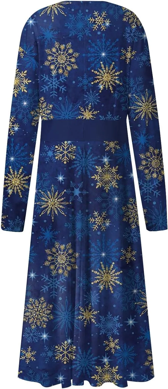 Ladies Long Sleeve Daily Dresses Dressy V-Neck Casual Midi Fashion Christmas Printed Winter Swing Dress