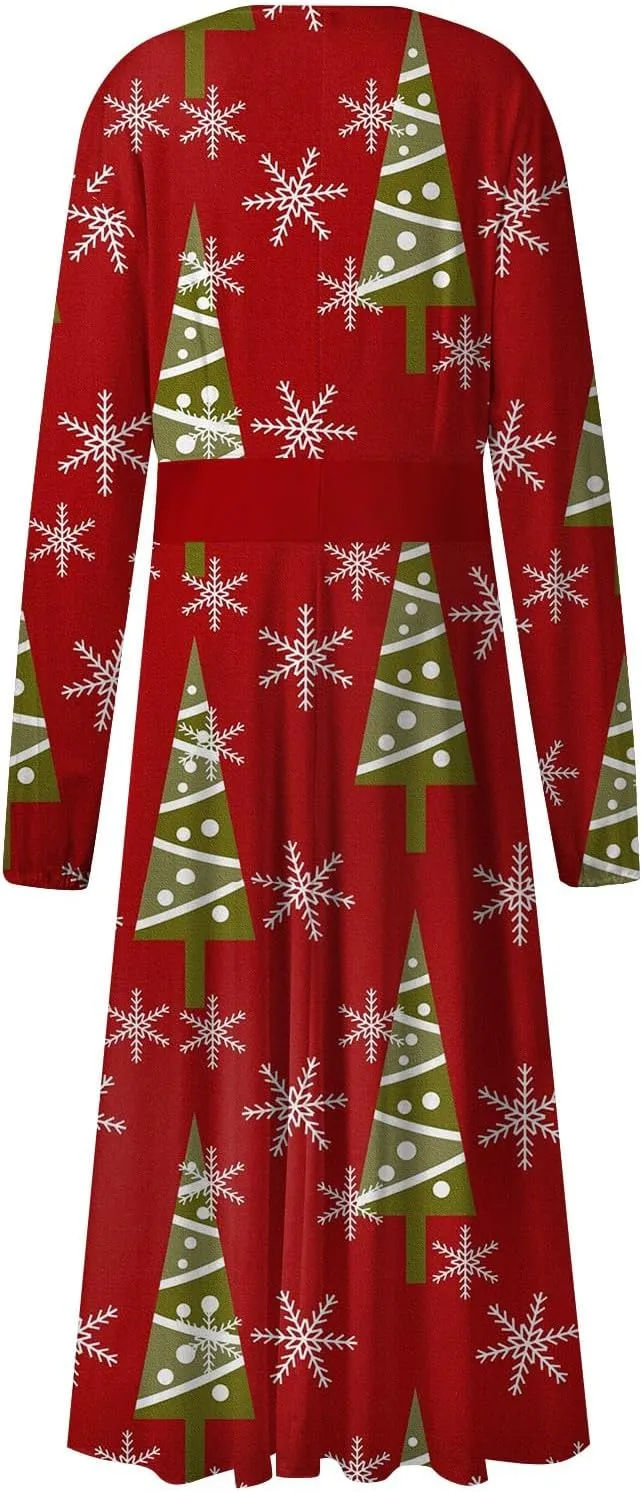 Ladies Long Sleeve Daily Dresses Dressy V-Neck Casual Midi Fashion Christmas Printed Winter Swing Dress