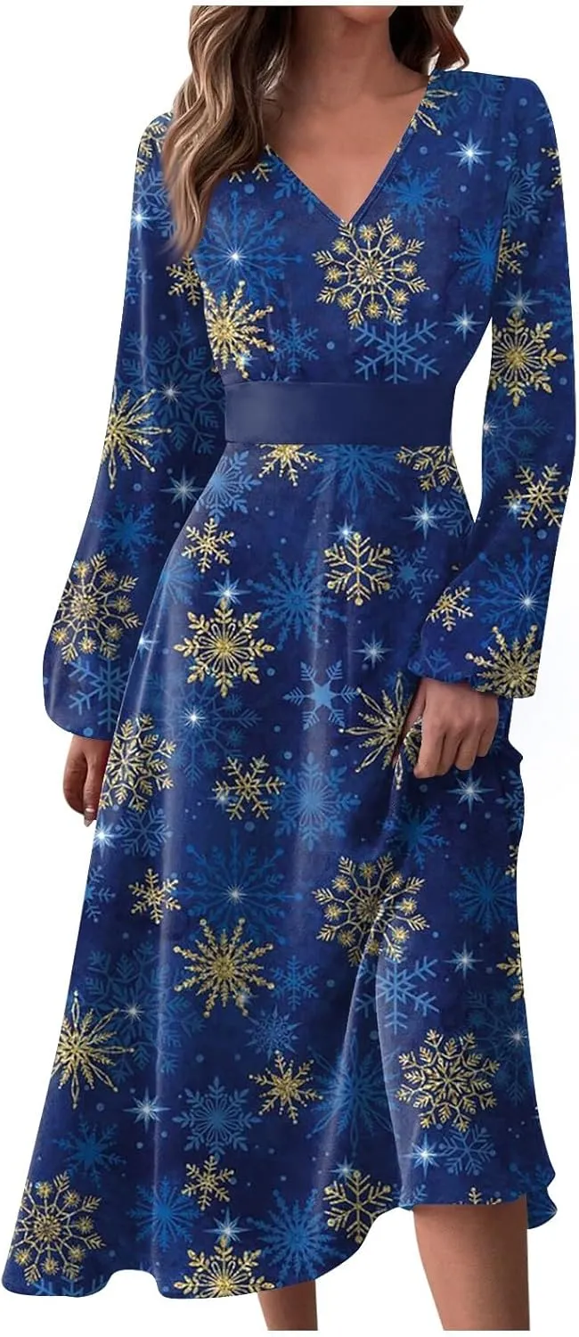 Ladies Long Sleeve Daily Dresses Dressy V-Neck Casual Midi Fashion Christmas Printed Winter Swing Dress