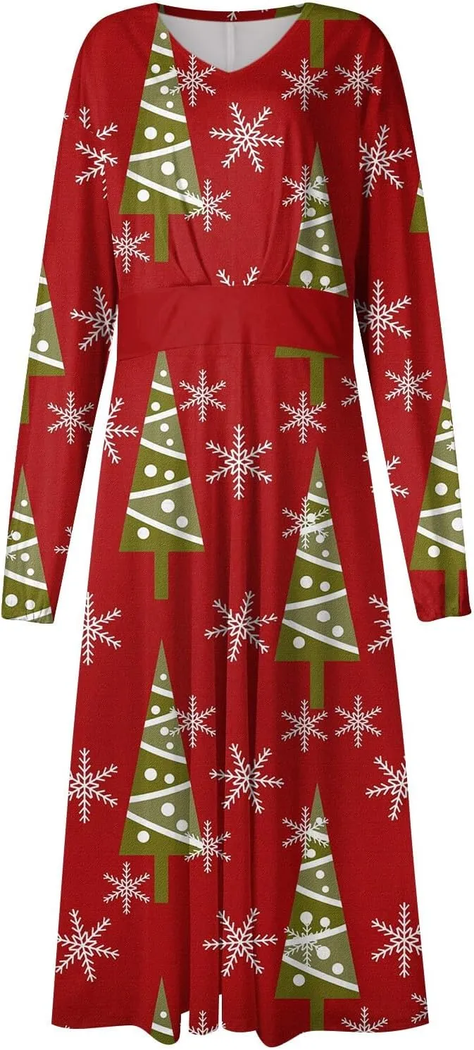 Ladies Long Sleeve Daily Dresses Dressy V-Neck Casual Midi Fashion Christmas Printed Winter Swing Dress