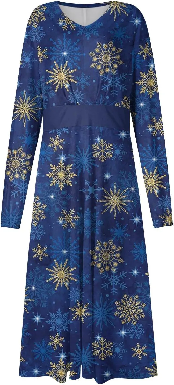 Ladies Long Sleeve Daily Dresses Dressy V-Neck Casual Midi Fashion Christmas Printed Winter Swing Dress