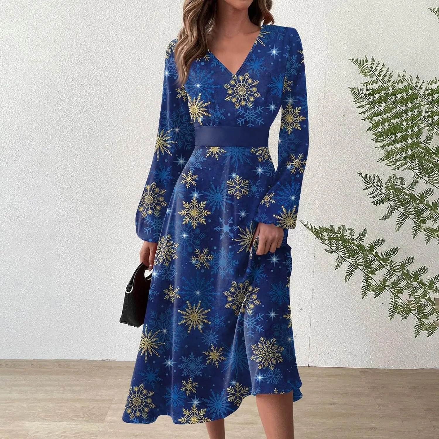 Ladies Long Sleeve Daily Dresses Dressy V-Neck Casual Midi Fashion Christmas Printed Winter Swing Dress
