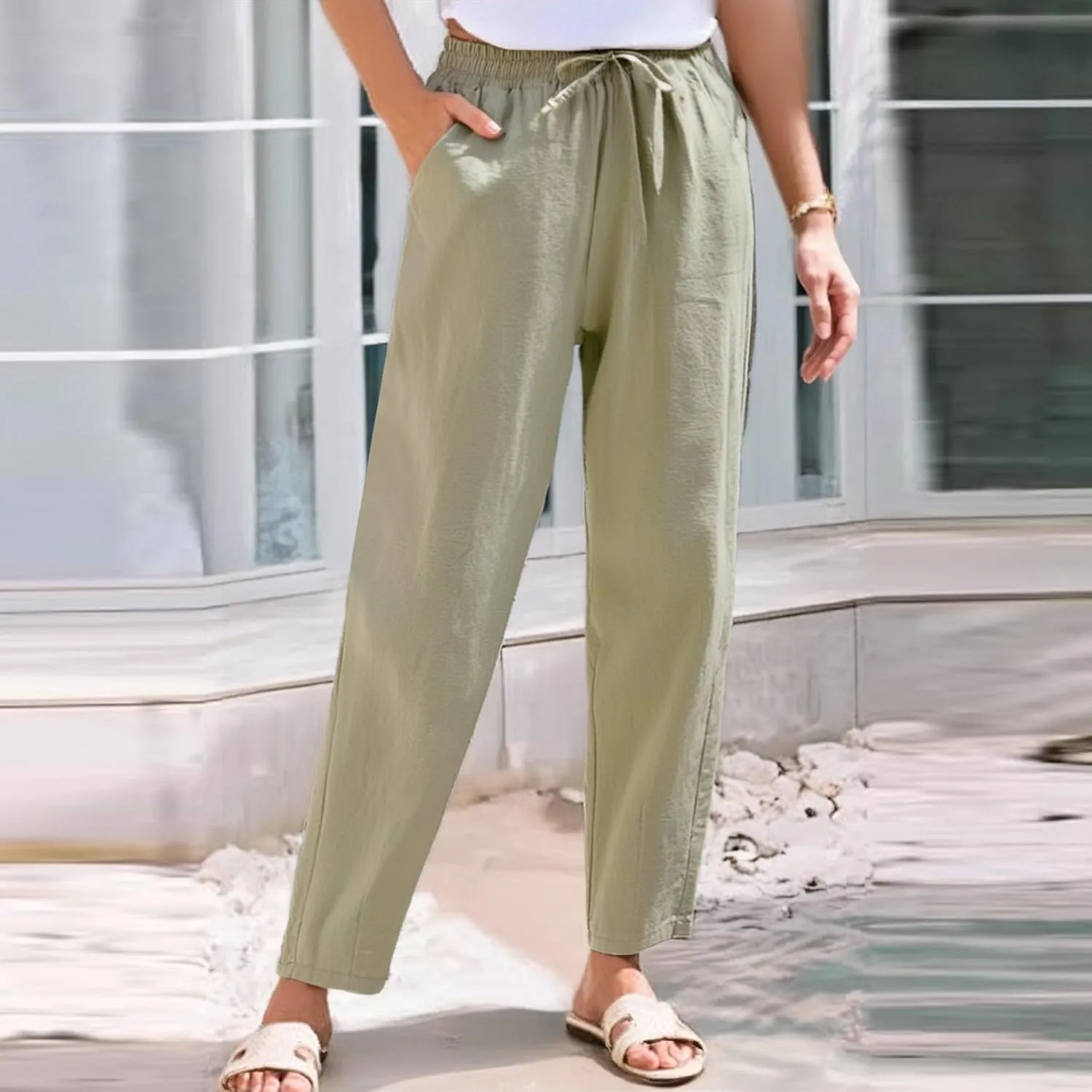 Linen Pants for Women, Peasant Pants Casual Linen Straight Leg Print Trendy