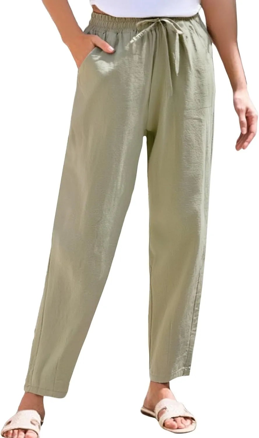 Linen Pants for Women, Peasant Pants Casual Linen Straight Leg Print Trendy